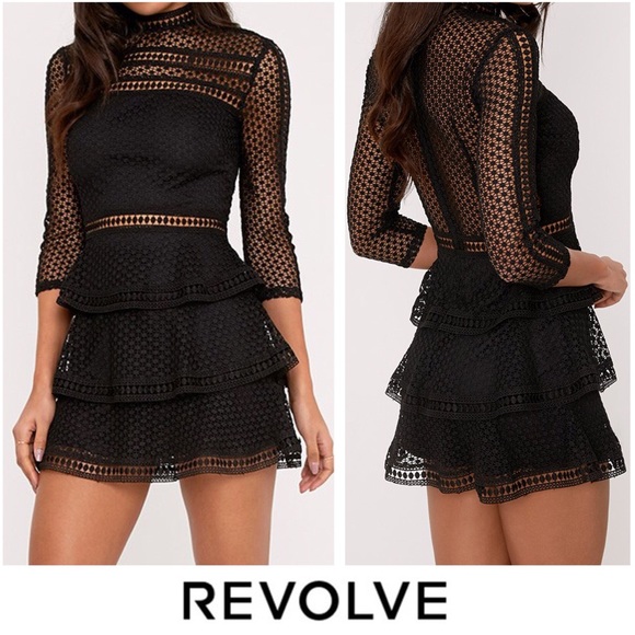 black lace panel tiered mini dress